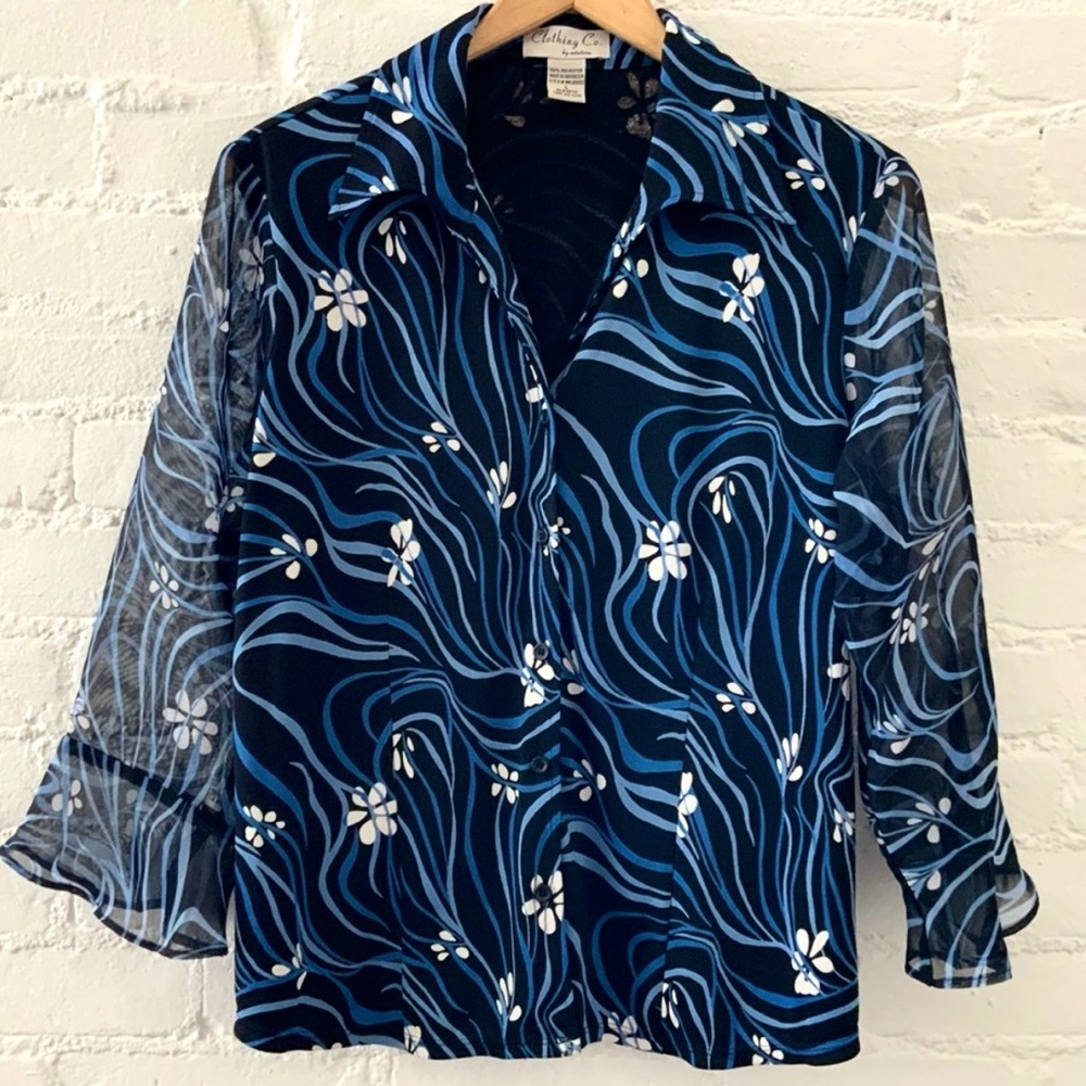 Vintage 90s Blue Floral Button Up Blouse Sheer Bell Sleeves Elegant Chic Size L